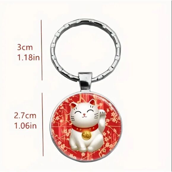 New! Lucky Fortune Cat Glass Cabochon Key Ring Purse Charm - Picture 3 of 3